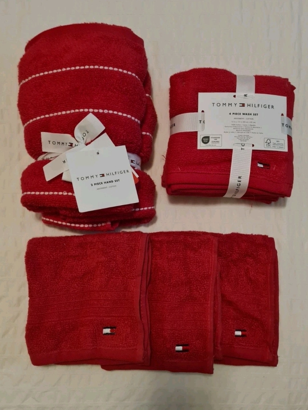 Tommy Hilfiger 100%Cotton Pink Hand Towels & Wash Cloths Set 9 Pieces In Total